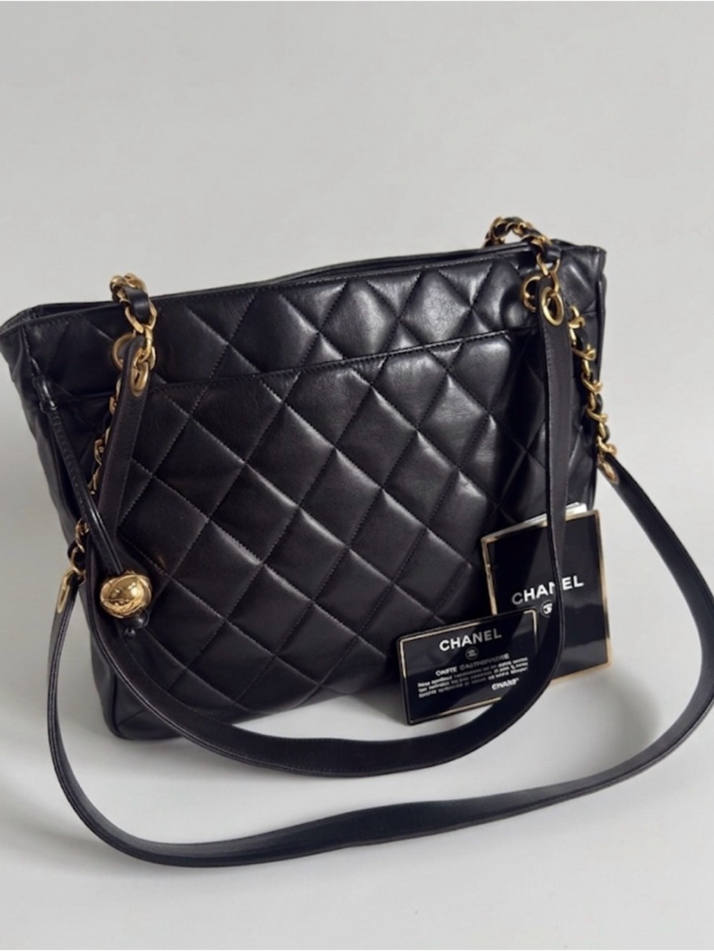 Chanel Vintage 24k Gold Plated Black Lambskin Quilted Tote Bag Gold Ball Charm